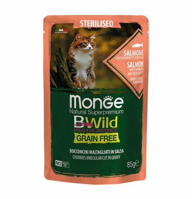 MONGE CAT BWILD STERILIZED BUSTE 28 X GR 85 SALMONE/GAMBERETTI/ORTAG